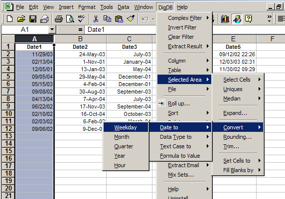 Convert Excel Dates to Weekday, Year, Month, Quarter, Hour
