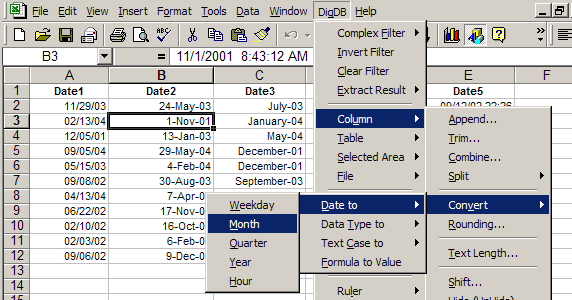 Convert Excel Dates to Weekday, Year, Month, Quarter, Hour