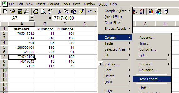 Count cell characters length in column