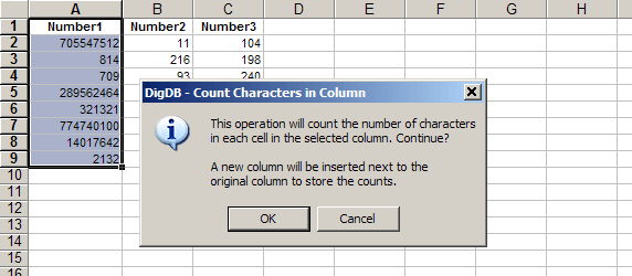 Count cell characters length in column