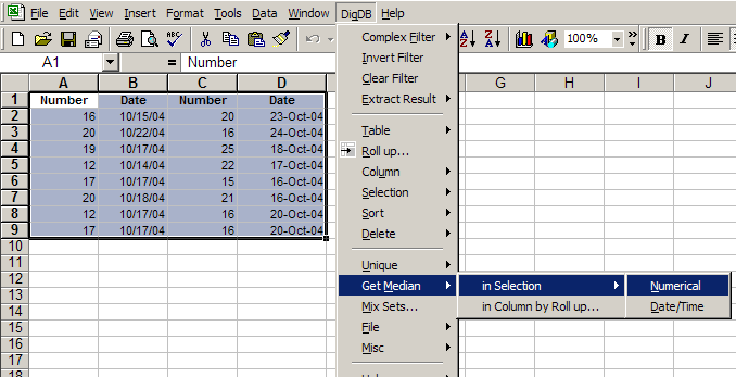 Excel Median - middle value in selection