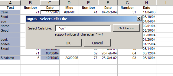 Select cells by multiple criteria, wildcard