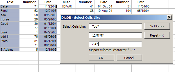 Select cells by multiple criteria, wildcard